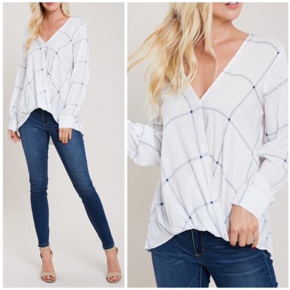 Plaid Long Sleeve Wrap Blouse